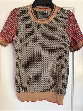 Anthropologie Beige Knit Crewneck Sweater with Blue Pattern and Red Accents